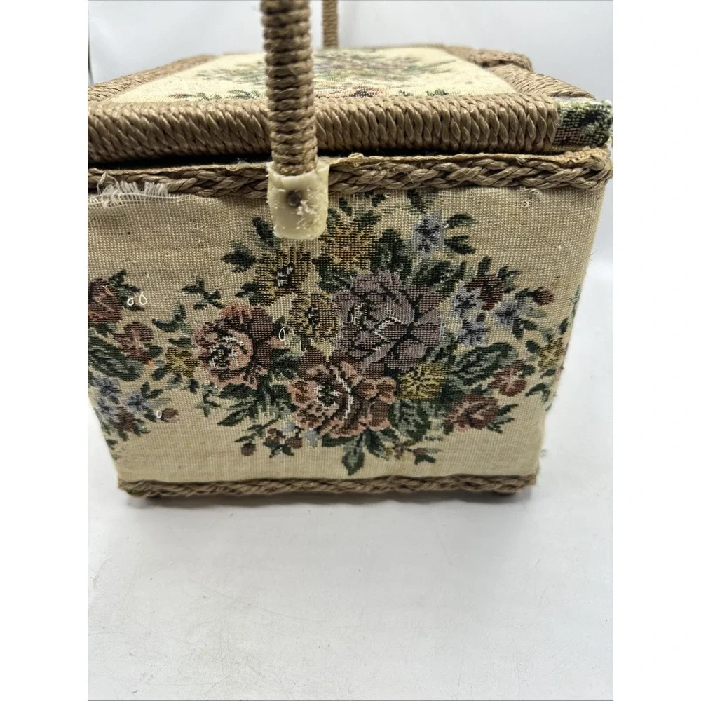 Tapestry Floral Woven  Sewing Basket Box Azar Made In Taiwan  Vintage